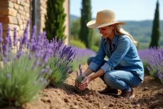 Femme plantant de la lavande dans un jardin rustique
