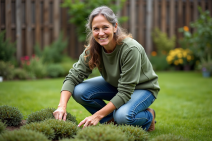 Femme jardiniere en jeans et pull vert dans son jardin