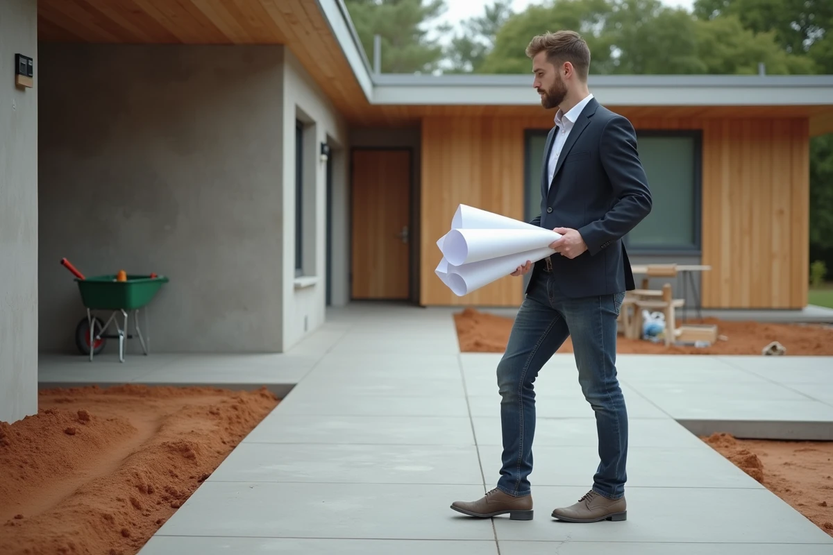 Jeune architecte inspecte la terrasse en beton neuve