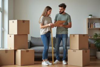 Jeune couple avec ruban et clipboard en préparation de déménagement