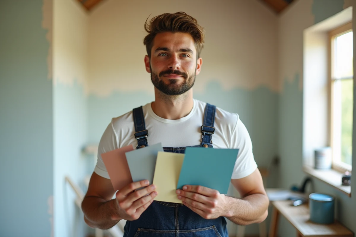 Jeune decorateur compare echantillons de peinture