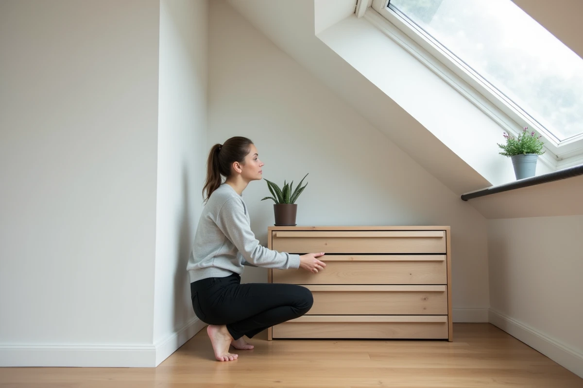 Jeune femme assemble un meuble dans un grenier lumineux