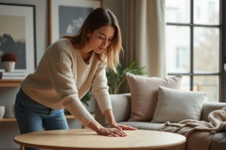 Jeune femme examinant un cafe table moderne dans un salon lumineux