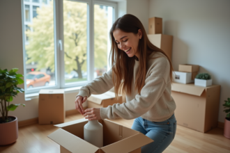 Jeune femme déballant une box dans un appartement moderne