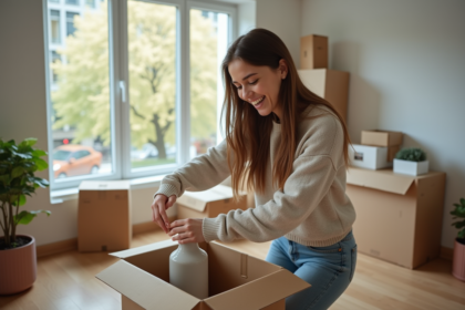 Jeune femme déballant une box dans un appartement moderne