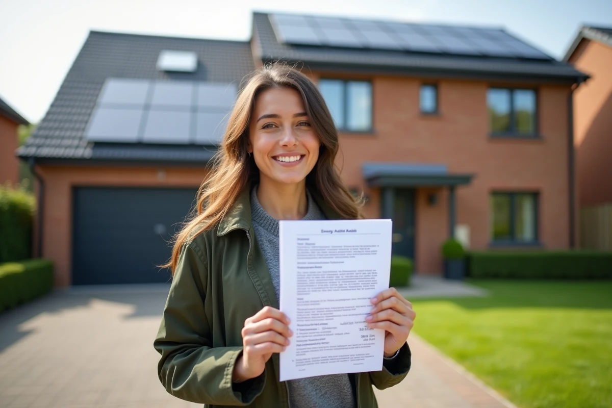Jeune femme souriante tenant une estimation énergétique devant sa maison