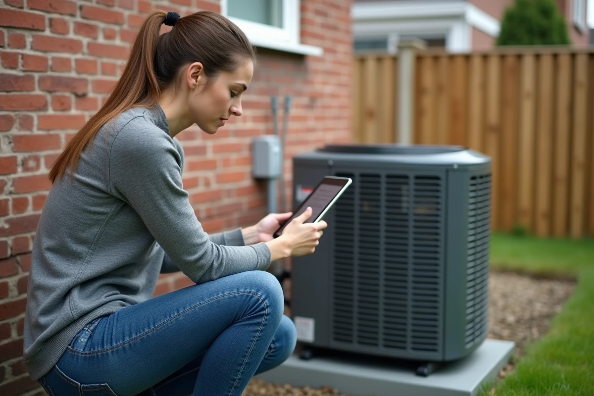 Femme utilisant tablette près pompe à chaleur extérieure