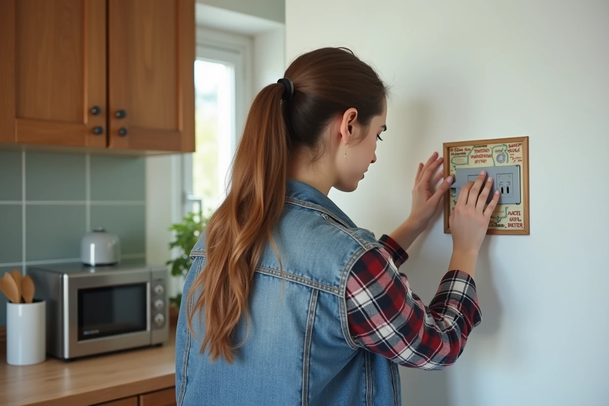 Jeune femme étudie un panneau électrique dans la cuisine