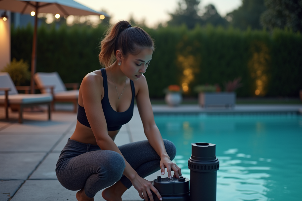 Jeune femme ajustant la pompe de la piscine au crépuscule