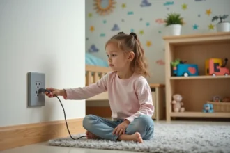 Jeune fille de 6 ans atteignant une prise sécurisée dans sa chambre