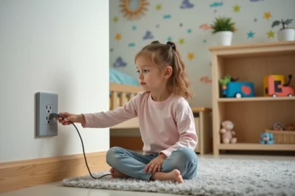 Jeune fille de 6 ans atteignant une prise sécurisée dans sa chambre