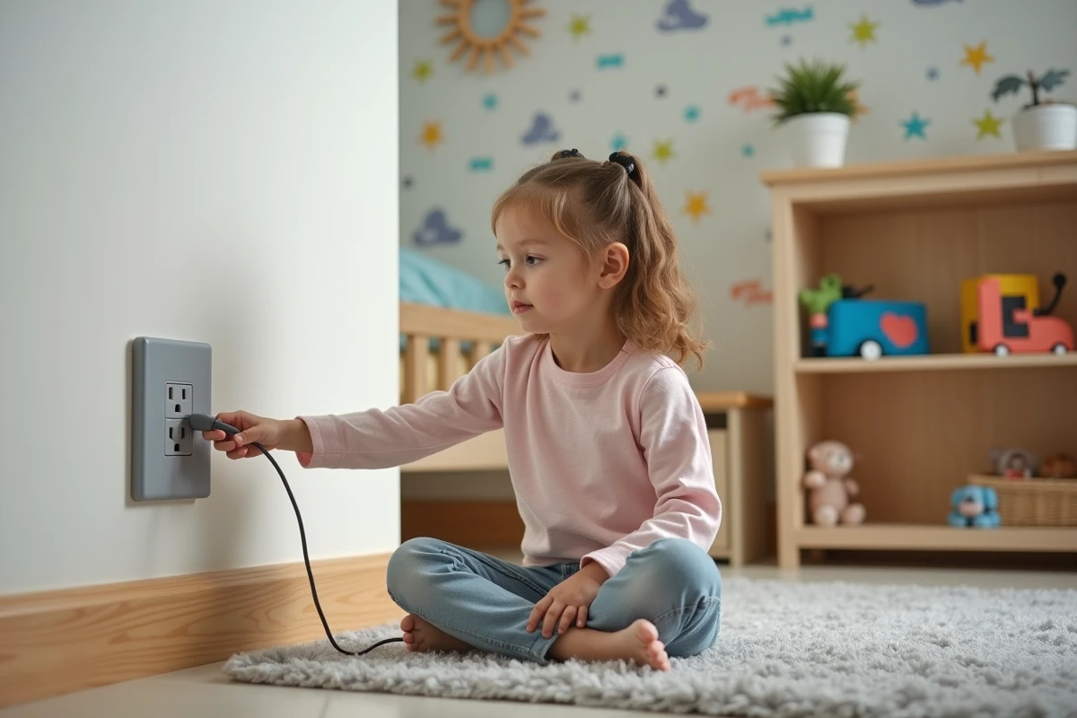 Jeune fille de 6 ans atteignant une prise sécurisée dans sa chambre
