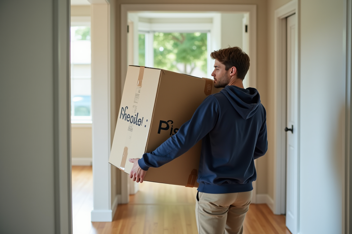 Jeune homme portant une caisse fragile dans le couloir