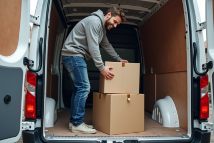 Jeune homme empilant des cartons dans une camionnette vide