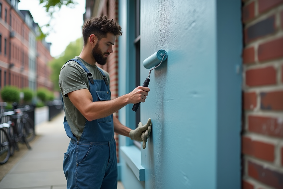 Jeune homme peignant un mur extérieur en bleu sur une rue urbaine
