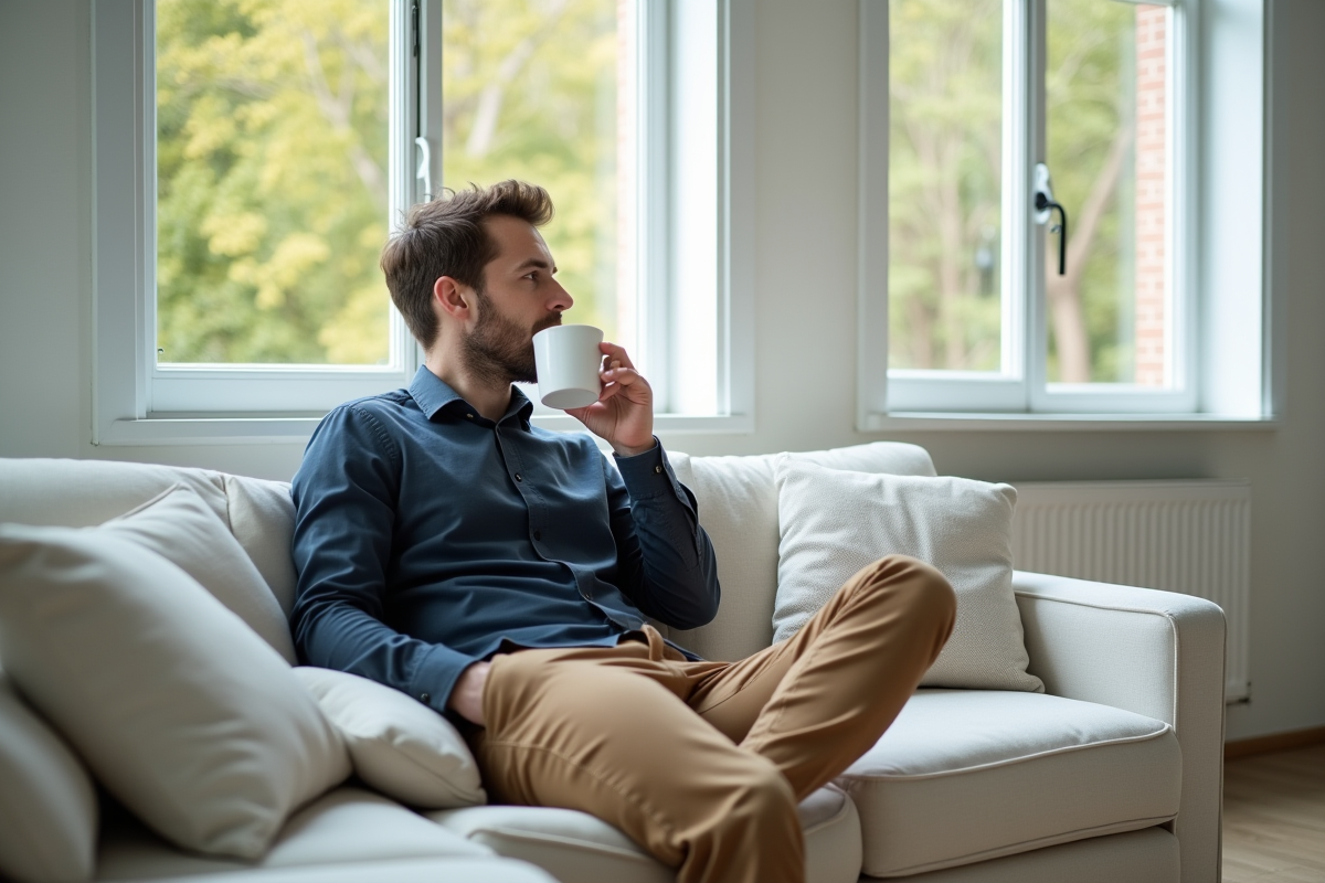 Jeune homme buvant un café dans un salon moderne lumineux