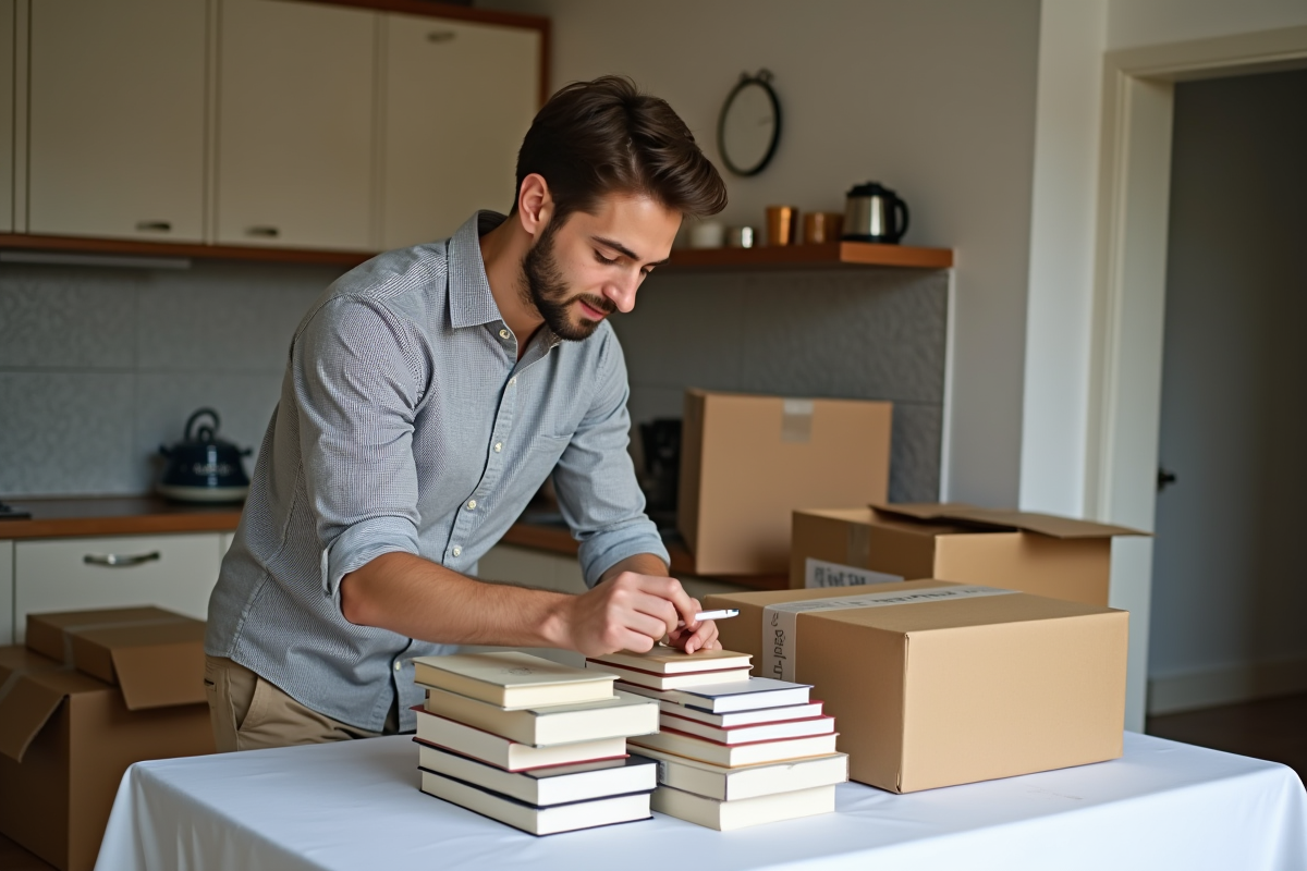 Jeune homme triant des livres dans la cuisine