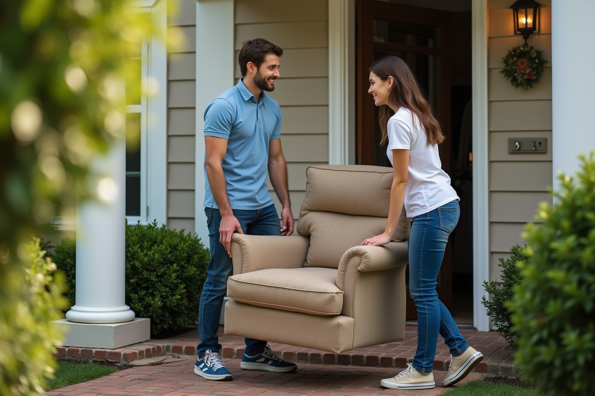 Jeunes volontaires portant un fauteuil dans une rue résidentielle