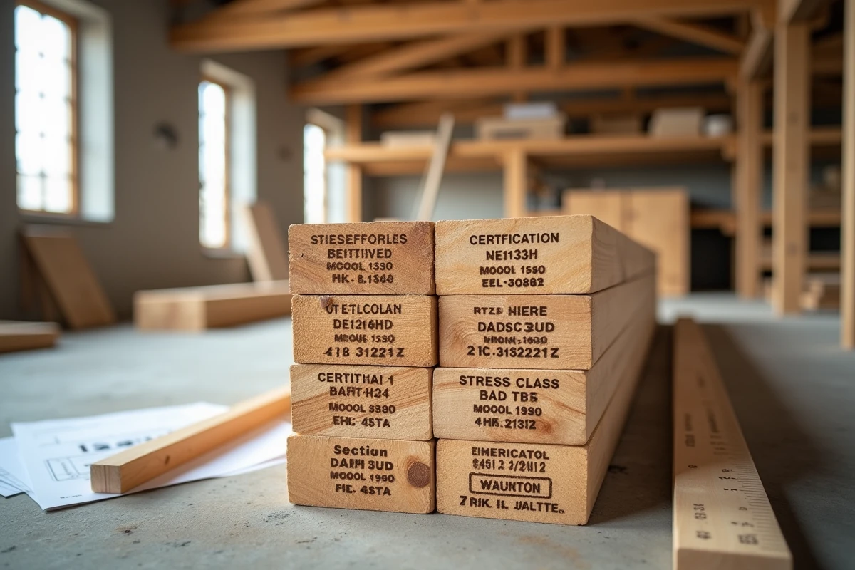 Gros plan sur les marquages de classe de résistance et les normes de charge estampillées sur des bastaings et madriers en bois de construction