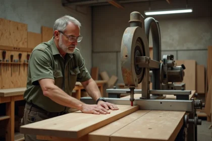 Menuisier utilisant une scie radiale professionnelle pour couper un madrier de chêne massif dans un atelier artisanal