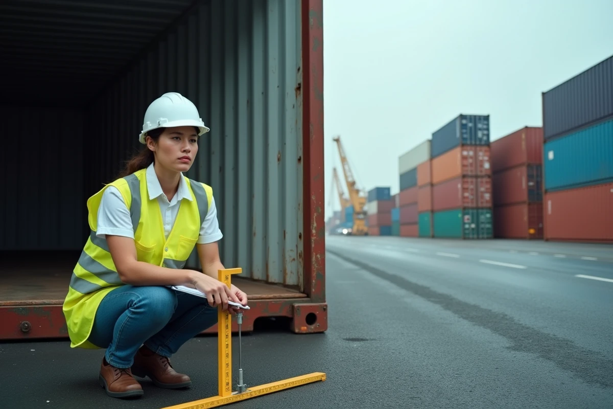 Coordinatrice de fret mesurant un conteneur maritime au port pour optimiser le calcul de volume et réduire les coûts de transport