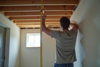 Personne mesurant la hauteur du plafond dans un sous-sol moderne