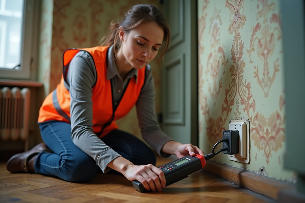 Électricienne mesurant la résistance de terre d'une prise murale ancienne dans un appartement des années 70