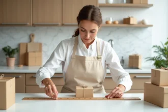 Femme mesurant un cadeau avec une règle en bois sur une table blanche, entourée de boîtes cadeaux vides de différentes tailles