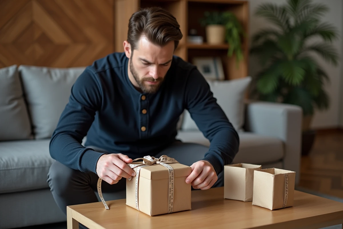 Homme mesurant un objet cylindrique avec un mètre ruban pour choisir la bonne boîte cadeau vide dans un salon chaleureux