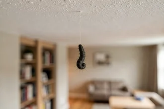 Mini chenille suspendue à un fil de soie tombant du plafond d'un appartement moderne