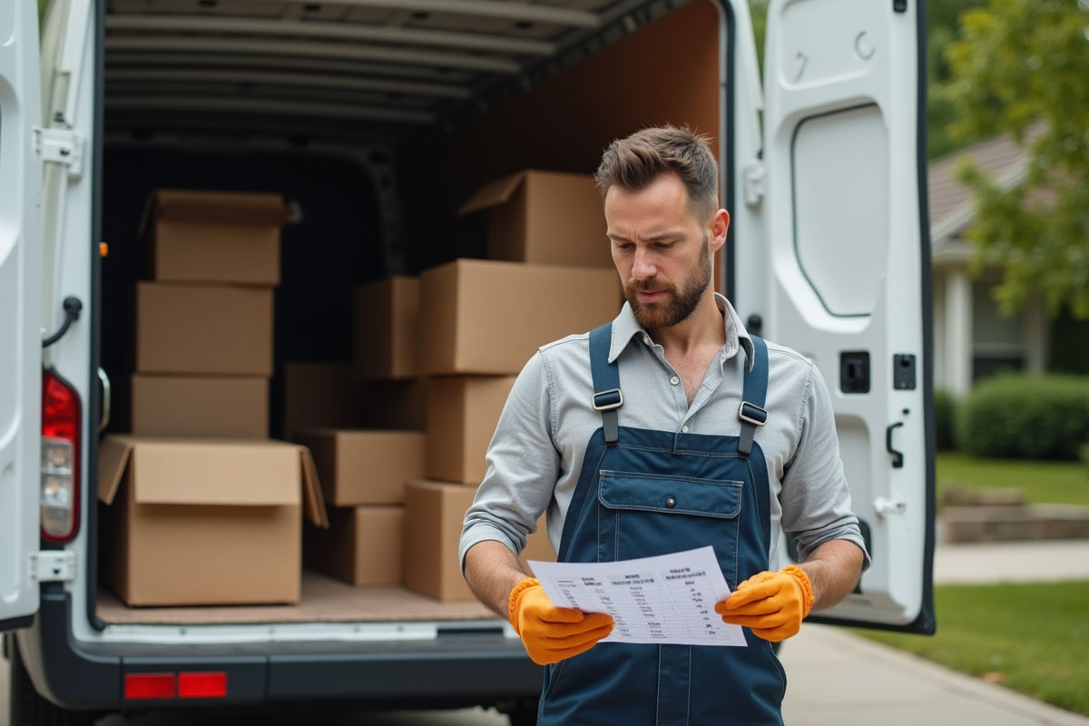 Mécanicien chargé de charger un van de déménagement dans la rue