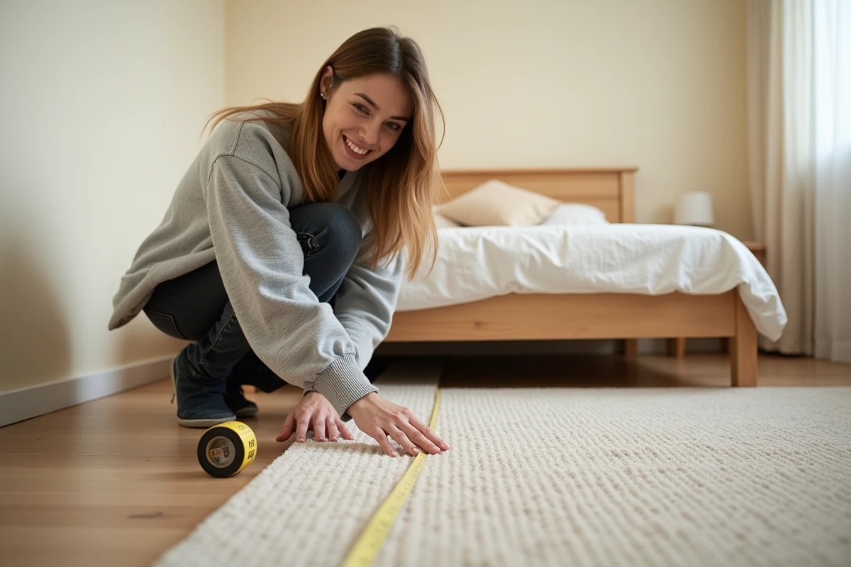 Locataire installant une moquette isolante épaisse dans une chambre pour améliorer l'isolation thermique et le bilan énergétique du logement