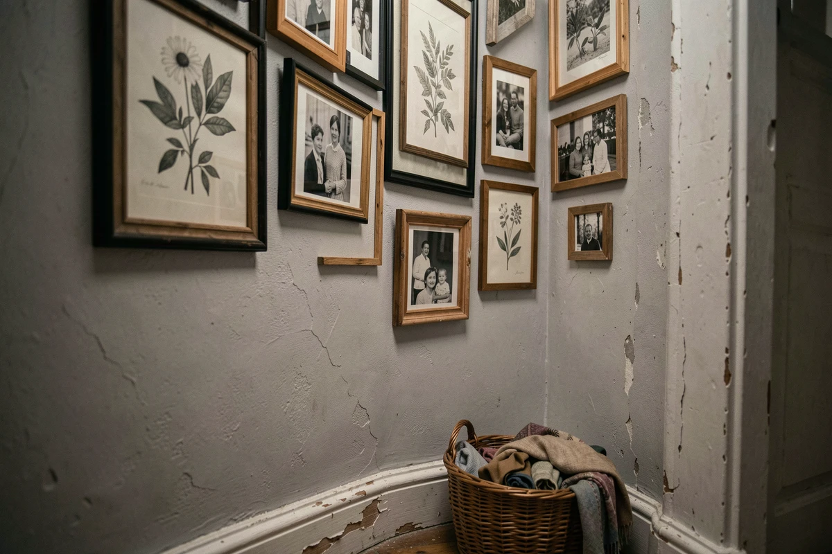 Mur de cadres photos dépareillés avec impressions botaniques dans un couloir sombre d'appartement décoré à petit budget