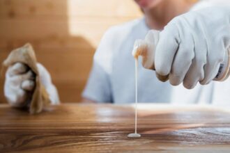 tâches blanches sur une table en merisier à nettoyer