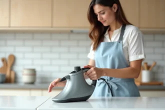 Femme utilisant un nettoyeur vapeur compact de type SilverCrest Lidl sur le carrelage d'une cuisine moderne