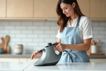 Femme utilisant un nettoyeur vapeur compact de type SilverCrest Lidl sur le carrelage d'une cuisine moderne