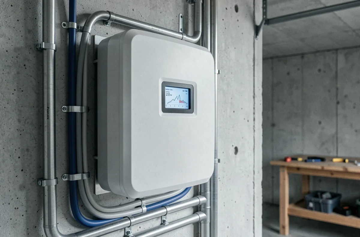 Onduleur solaire et tableau électrique installés dans un garage pour un système photovoltaïque de 6 kW