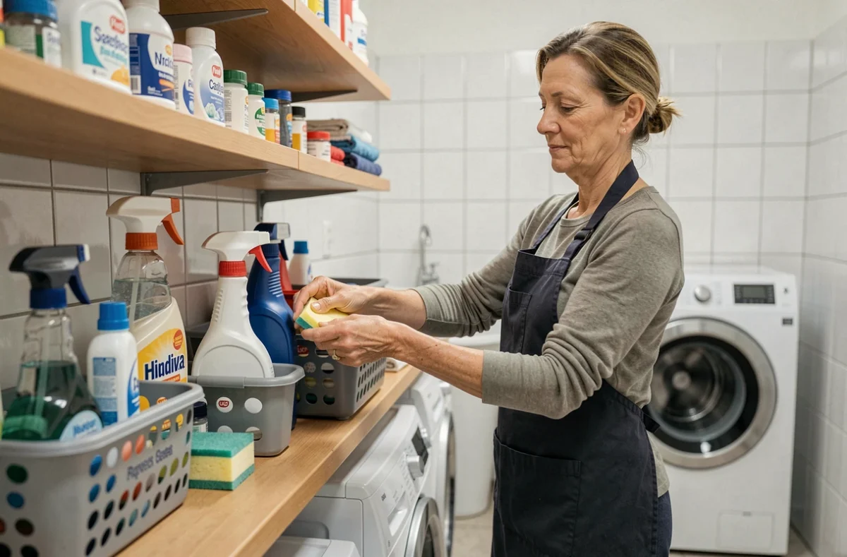 Femme de ménage expérimentée organisant ses produits d'entretien dans une buanderie propre et bien rangée