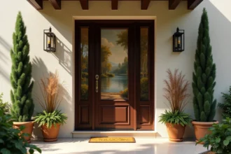 Porte décorée en trompe-l'œil avec un jardin luxuriant en arrière-plan