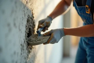 Mur en parpaings avec trous à reboucher avant rénovation