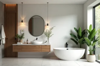Salle de bain moderne avec murs blancs et éléments en bois chaleureux