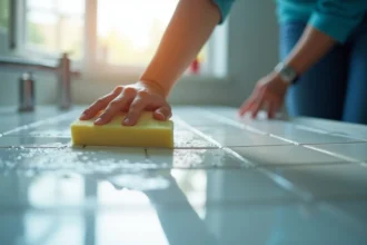 Carrelage de salle de bain propre et brillant après nettoyage professionnel
