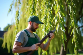 Saules têtards majestueux avec branches retombantes dans un jardin verdoyant