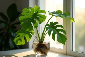 Monstera monkey leaf cultivée dans un vase en verre transparent
