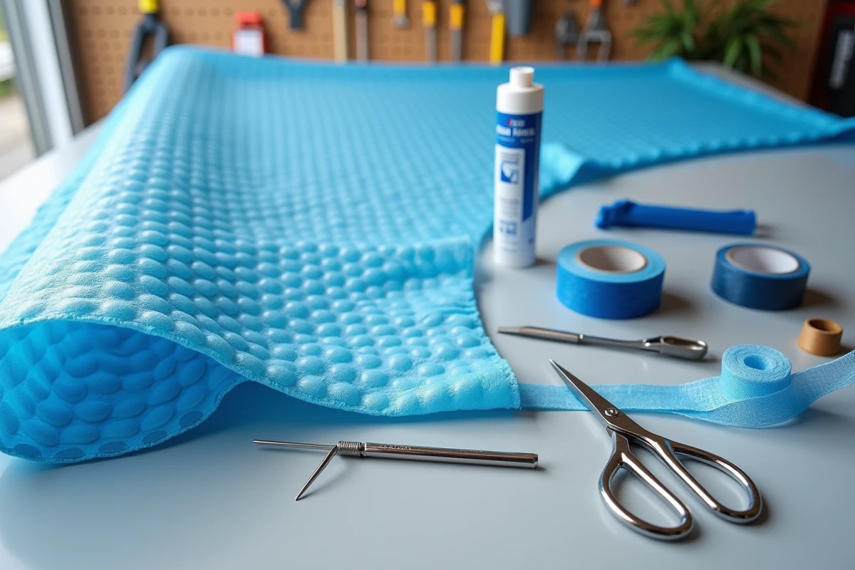 Vue à plat des outils nécessaires pour réparer une bâche à bulle de piscine : aiguille, fil, adhésif et ruban de réparation PVC