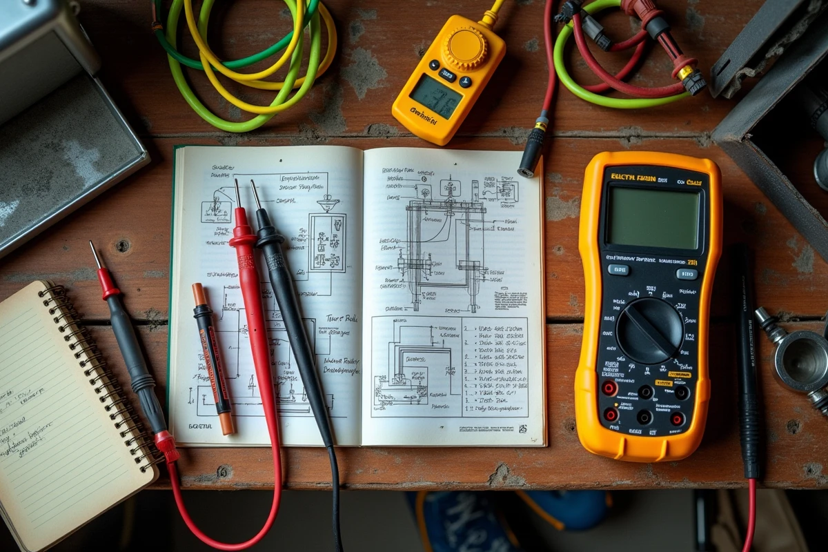 Vue de dessus des outils professionnels pour tester la mise à la terre d'une installation électrique ancienne sur un établi