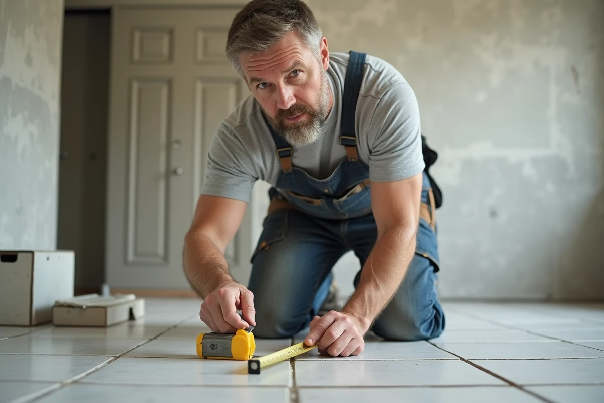 Ouvrier en overalls mesurant du carrelage neuf