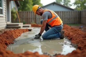 Ouvrier en jeans et gilet haute-visibilite pose du beton