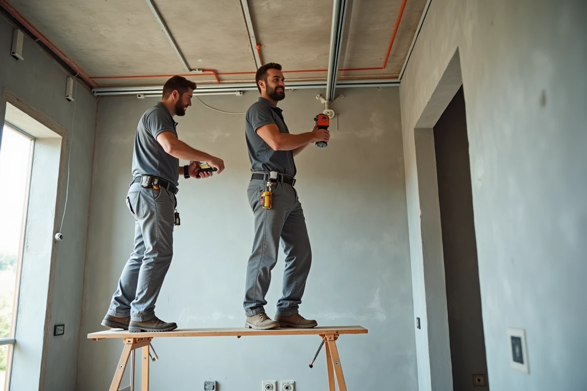 Deux ouvriers mesurant et traçant l'implantation d'un faux plafond dans un grand salon en rénovation