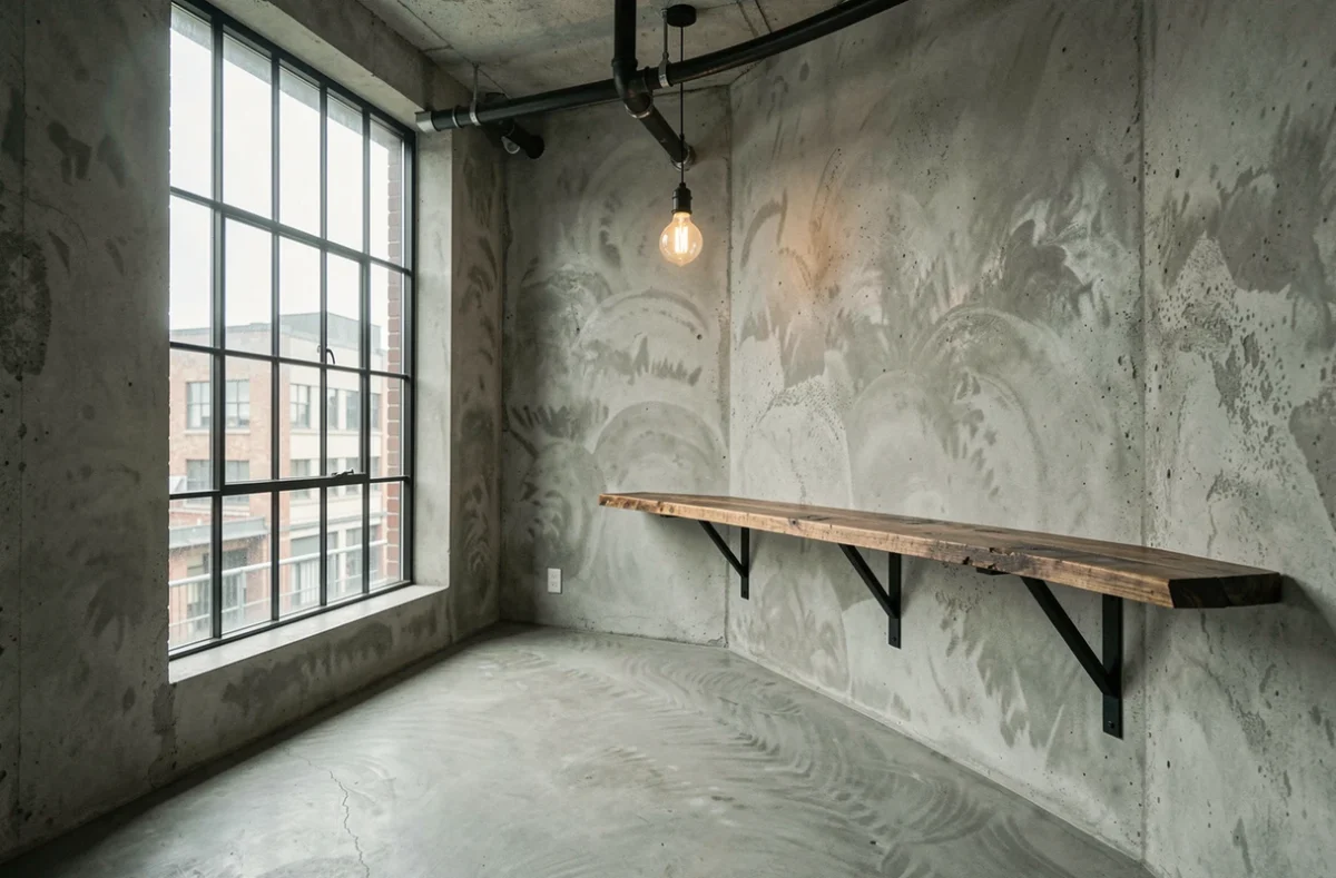 Palier d'escalier décoré style loft industriel avec béton, bois recyclé et fenêtre atelier métallique